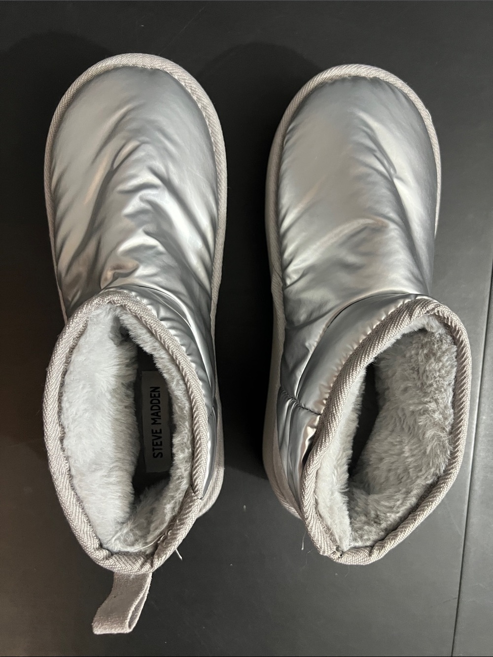 Steve Madden Metallic Silver Quilted Puffer Slippers